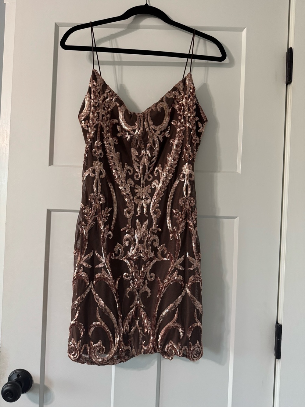 Windsor Rose Gold and Brown Sequin Scroll Mesh Mini Dress